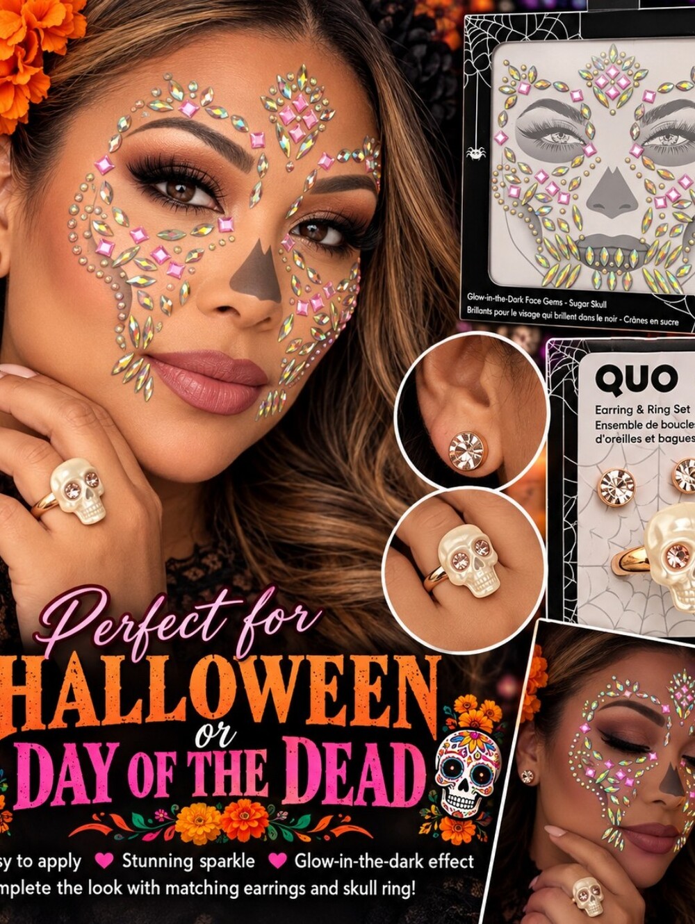 Quo Glow-In-The-Dark Face Gems and Ghost Sponge Set And Skull Ring W/Earrings